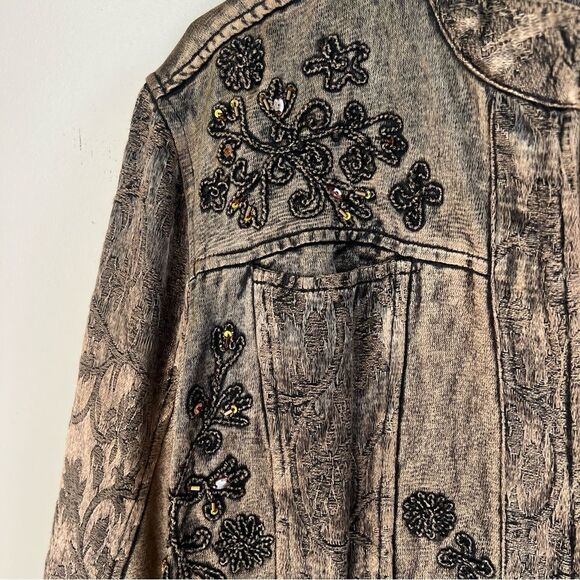 Coldwater Creek Burnout Art to Wear Mocha Embroidered Denim Jacket Size XL - Picture 3 of 15